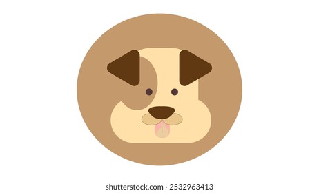 Pet icon on white background, dog face icon, cute puppy with tongue, badge with brown dog with spot, icon for veterinary clinic, funny puppy face with tongue hanging out, pet care