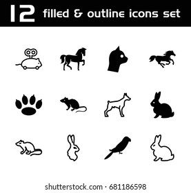 Pet icon. set of 12 pet filled and outline icons such as rabbit, horse, mouse, parrot, dog, mouse toy, paw