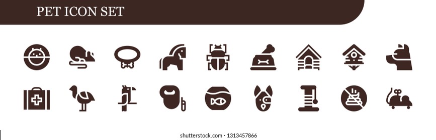 pet icon set. 18 filled pet icons.  Simple modern icons about  - Hamster ball, Rat, Collar, Horse, Fleas, Dog, Bird house, Veterinary, Ostrich, Parrot, Leash dog, Fishbowl, Scratcher