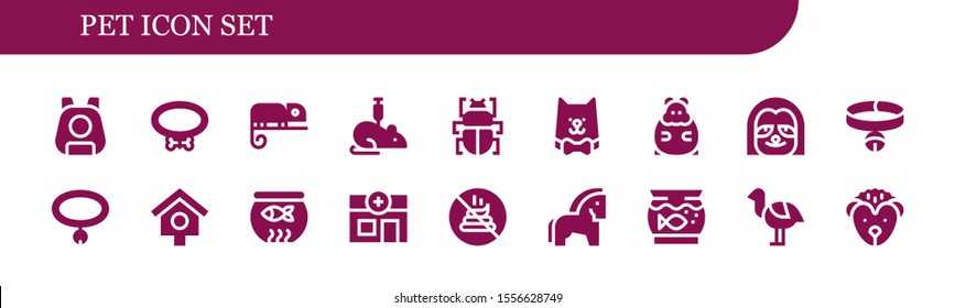 pet icon set. 18 filled pet icons.  Simple modern icons about  - Pet, Collar, Chameleon, Rat, Fleas, Cat, Hamster, Sloth, Bird house, Fish bowl, Veterinary, No poop, Horse, Aquarium