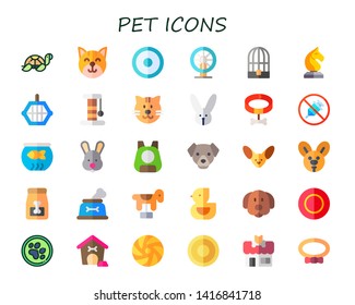pet icon set. 30 flat pet icons.  Collection Of - tortoise, cat, frisbee, hamster, bird cage, horse, animal carrier, scratcher, rabbit, collar, no drugs, fish bowl, dog, fennec