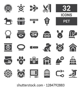 pet icon set. Collection of 32 filled pet icons included Parrot, Leash, Bird cage, Rabbit hutch, Cat, Frisbee, Dog, Dog house, Veterinarian, Veterinary, Fishbowl, Kennel, Pet