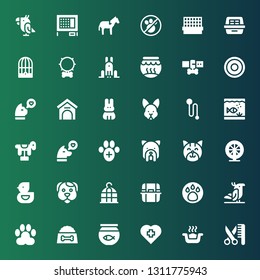 pet icon set. Collection of 36 filled pet icons included Grooming, Litter box, Veterinary, Fish bowl, Dog food, Paw, Parrot, Animal, Bird cage, Dog, Ducky, Hamster, Cat, Horse