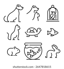 Pet Icon Set. Dog, Cat, Turtle, Aquarium fish, Parrot and Hamster. Line Style