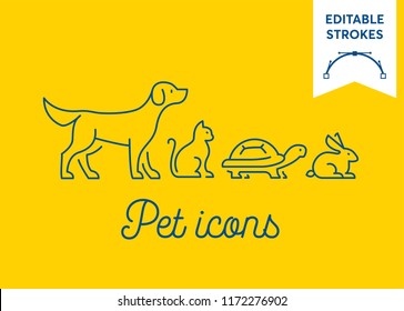 Pet icon set with editable strokes. Dog, cat, turtle and rabbit symbols on yellow background. Minimal dog, pussy, tortoise and bunny outlines for infographics or web use. Pixel perfect flat design.