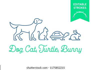 Pet icon set with editable strokes. Dog, cat, turtle and rabbit symbols. Minimal dog, pussy, tortoise and bunny outlines for infographics or web use. Pixel perfect flat design. Animal illustration