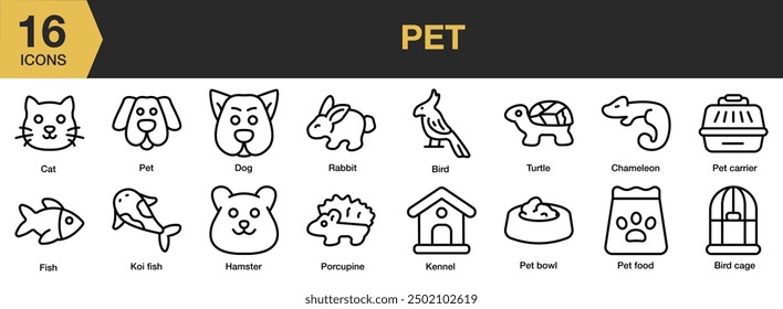 Pet icon set. Includes bird cage, cat, dog, fish, pet food, rabbit, kennel, and More. Outline icons vector collection.