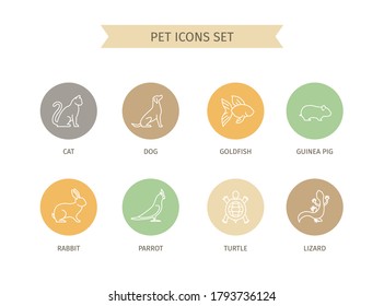 Pet icon set in minimal trendy style. Animals linear symbols for pet shop or veterinary clinic. Cat, dog, rabbit, guinea pig, goldfish and more signs. - Vector