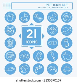 Pet Icon Set in trendy blue eyes style isolated on soft blue background