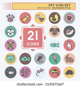 Pet Icon Set in trendy color mate style isolated on soft blue background