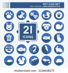 Pet Icon Set in trendy long shadow style isolated on soft blue background
