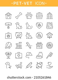 Pet icon. Vector set of thin line pet and veterinary icons with dog, cat, bird, turtle, rabbit, puppy, fish, animal toys. Outline collection for web design, logo, banner, pet shop, veterinary clinic.