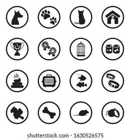 Pet Icons. Black Flat Design In Circle. Vector Illustration.