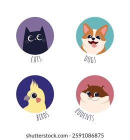 Pet icons with different types of pets - cats dogs rodents parrots