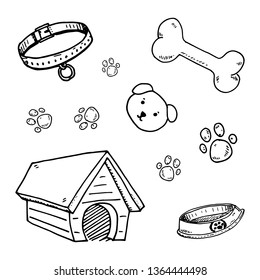 Pet icons doodle set, doghouse, bone, paws, dog face, collar dog, bowl for feed vector illustrations. 