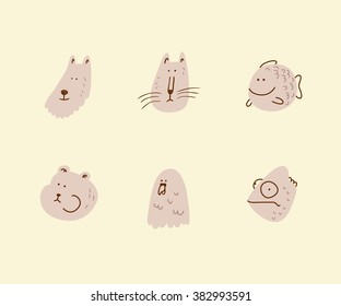 Pet icons doodle set. Flat cartoon animal head collection. Dog, cat, fish, hamster, parrot, chameleon.