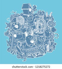 Pet icons doodle set, vector illustration. 