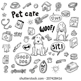 Pet icons doodle set, vector illustration. 