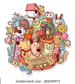  Pet icons doodle, vector illustration. 