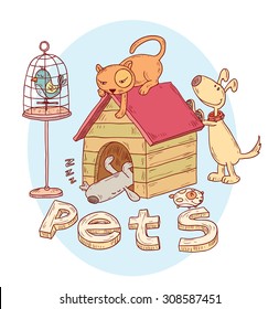  Pet icons doodle, vector illustration. 