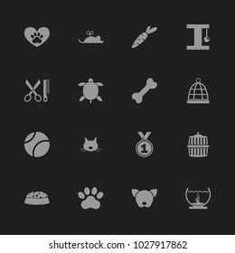 Pet icons - Gray symbol on black background. Simple illustration. Flat Vector Icon.