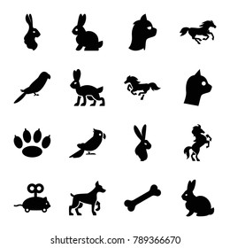 Pet icons. set of 16 editable filled pet icons such as rabbit, parrot, horse, mouse toy, paw, cat, dog