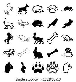 Pet icons. set of 25 editable filled and outline pet icons such as rabbit, hedgehog, parrot, cat, mouse, horse, mouse toy, bone, paw