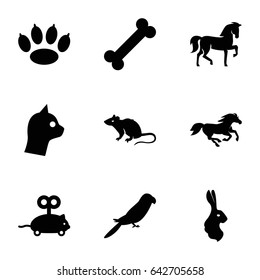 Pet icons set. set of 9 pet filled icons such as horse, mouse, parrot, rabbit, mouse toy, paw, cat