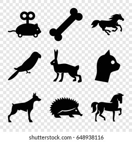 Pet icons set. set of 9 pet filled icons such as horse, hedgehog, dog, parrot, rabbit, mouse toy, cat