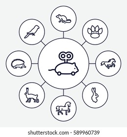 pet icons set. Set of 9 pet outline icons such as horse, hedgehog, mouse, parrot, rabbit, mouse toy