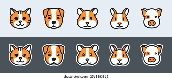 Pet icons set. Cute animal faces of cat, dog, hamster, rabbit and mini pig. Vector illustration