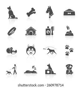 Pet icons set with dog walking running guard isolated vector illustration