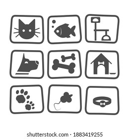 Pet icons set with fish , dog , cat and mouse isolated on white. Black animal pet collection symbol care veterinary. Icon pet collection
