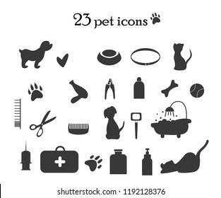Pet Icons for pet shop store, vet clinic, grooming. Black and white. Vector illustration. Flat