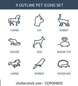 pet icons. Trendy 9 pet icons. Contain icons such as horse, cat, rabbit, mouse, dog, mouse toy, parrot, hedgehog. pet icon for web and mobile.