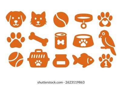 Ícones de animais. Silhueta vetorial. Elementos acessórios para animais de estimação: osso, pata, coleira, comida, gato e cachorro.