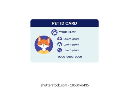 Plantilla de tarjeta de identificación de mascotas. tarjeta de identificación animal con características fotográficas y vacunas pase seguro con datos personales de carácter de teléfono información de datos de vectores plásticos ID.