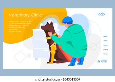 Pet inspection landing page template. Veterinarian examining wounded dog with prosthesis, animal protection and pet healthcare. Veterinary clinic concept flat vector illustration