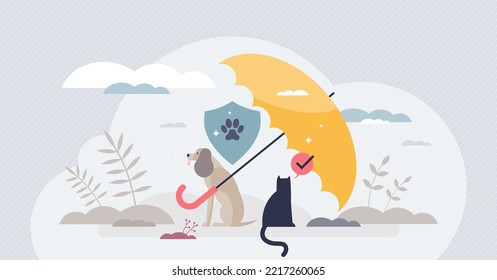 Pet insurance and animal health care financial protection tiny person concept. Security coverage for cat and dog medical cost in case of veterinarian expenses vector illustration. Clinic assurance.