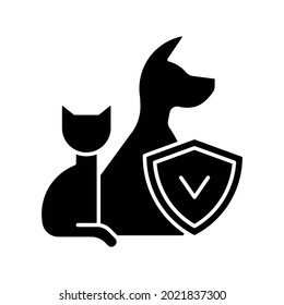 Pet insurance black glyph icon. Pet-care policy. Accident and illness plan. Exorbitant vet bills coverage. Payment for dog, cat injuries. Silhouette symbol on white space. Vector isolated illustration