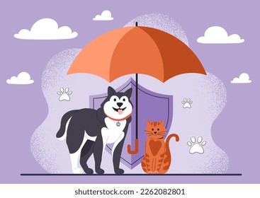 Pet insurance concept. Dog and cat under red umbrella near to shield. Medical care and veterinary clinic, animal health care. Security coverage and protection. Cartoon flat vector illustration