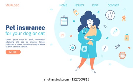 Pet Insurance. Concept Vets With Pets, Protection And Care For Pets. Website Template