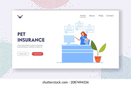 Pet Insurance Landing Page Template. Veterinary Clinic Interior with Administrator Stand on Reception Desk Meeting Visitors with Diseased Animals in Vet Hospital. Cartoon People Vector Illustration