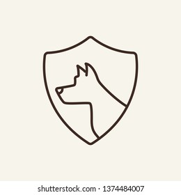 Pet insurance line icon. Dog shape on shield. Insurance concept. Vector illustration can be used for topics like animal care, accident, vet help