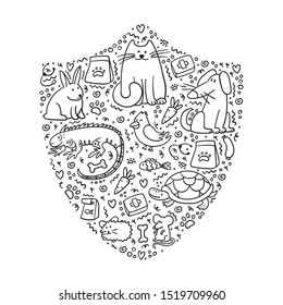 Pet insurance. Shield with doodle pets inside. Pet care, veterinary banner, logo, poster, concept for web, mobile apps, design. Vet clinic outline pets icon. Pet insurance doodle symbol. - Vector
