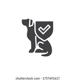 Pet Insurance vector icon. filled flat sign for mobile concept and web design. Dog and protection shield glyph icon. Symbol, logo illustration. Vector graphics