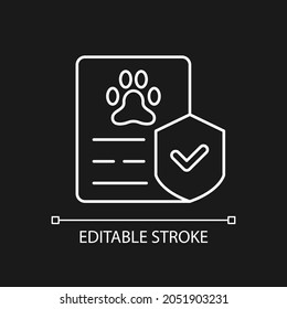 Pet insurance white linear icon for dark theme. Employee benefit. Pet-friendly workplace policy. Thin line customizable illustration. Isolated vector contour symbol for night mode. Editable stroke