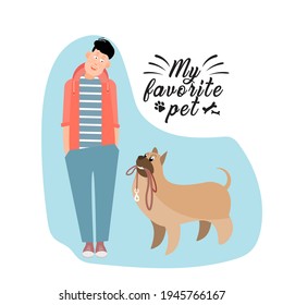 A pet invites a young man for a walk, a dog with a leash in its teeth. Flat vector illustration