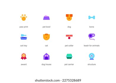 Pet items concept of web icons set in color flat design. Pack of paw print, food bowl, dog, bone, cat tray, collar, leash for animal, award, house, carrier and other. Vector pictograms for mobile app