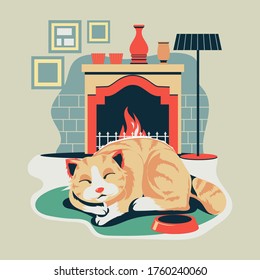 Pet kitten sleep on oval carpet rug mat by fireplace